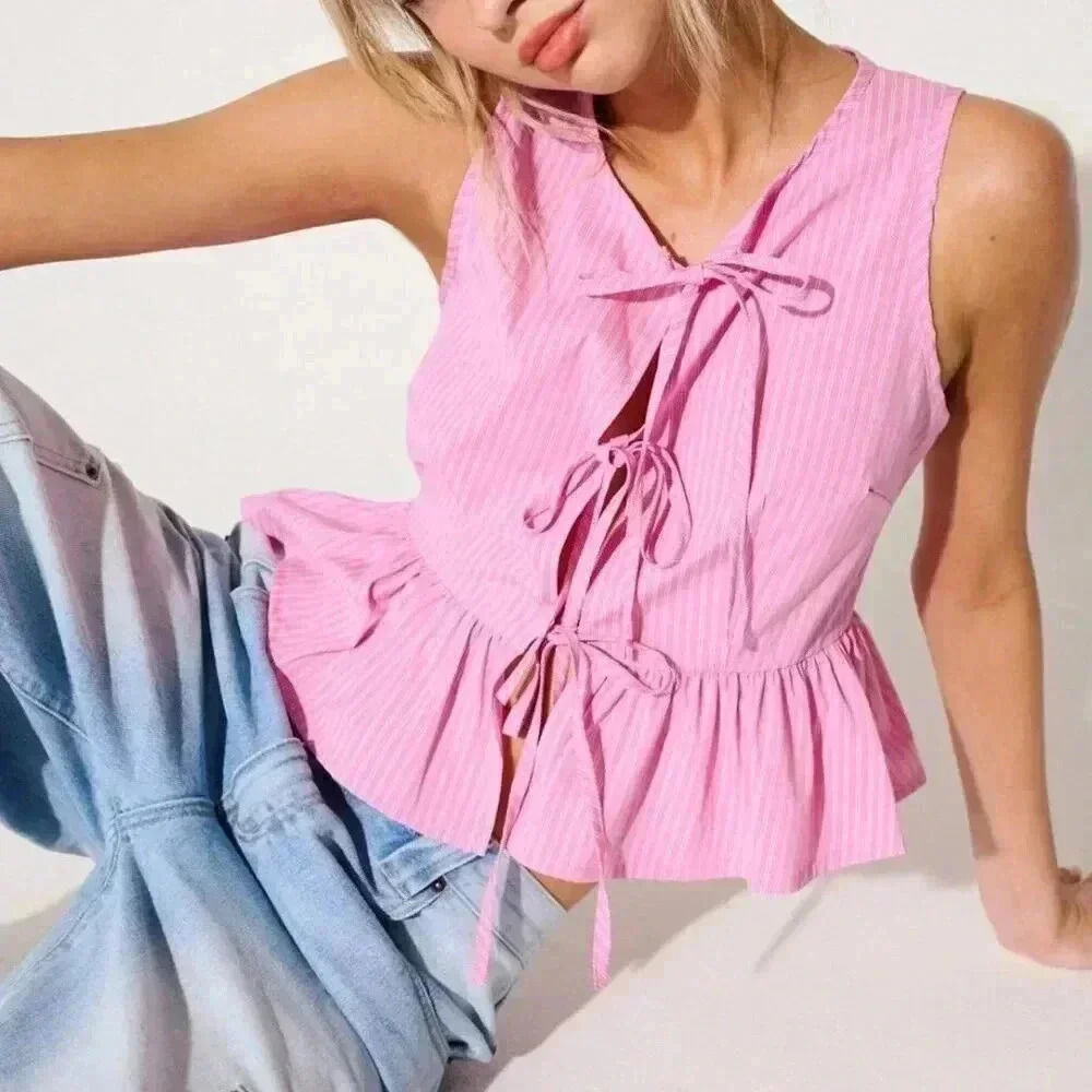 Pink Cute Women's Westfade Striped Tie Summer Front Bow Top